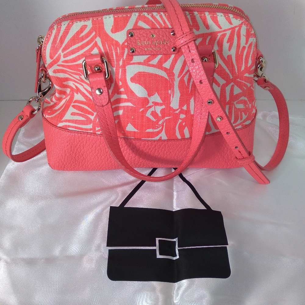 RARE Kate Spade Genuine Leather Pink & White Canvas Palm Tree Satchel Cr… - Picture 15 of 16